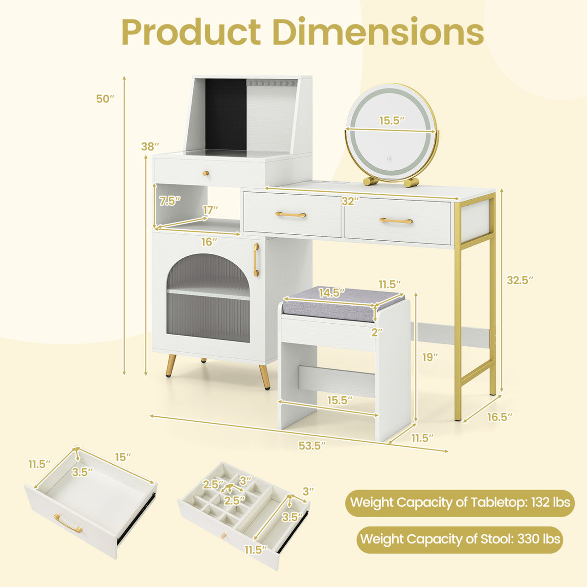 Vanity Desk with Mirror & Lights with Ring Slots & Necklace Hooks for Makeup-White