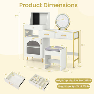 Vanity Desk with Mirror & Lights with Ring Slots & Necklace Hooks for Makeup-White