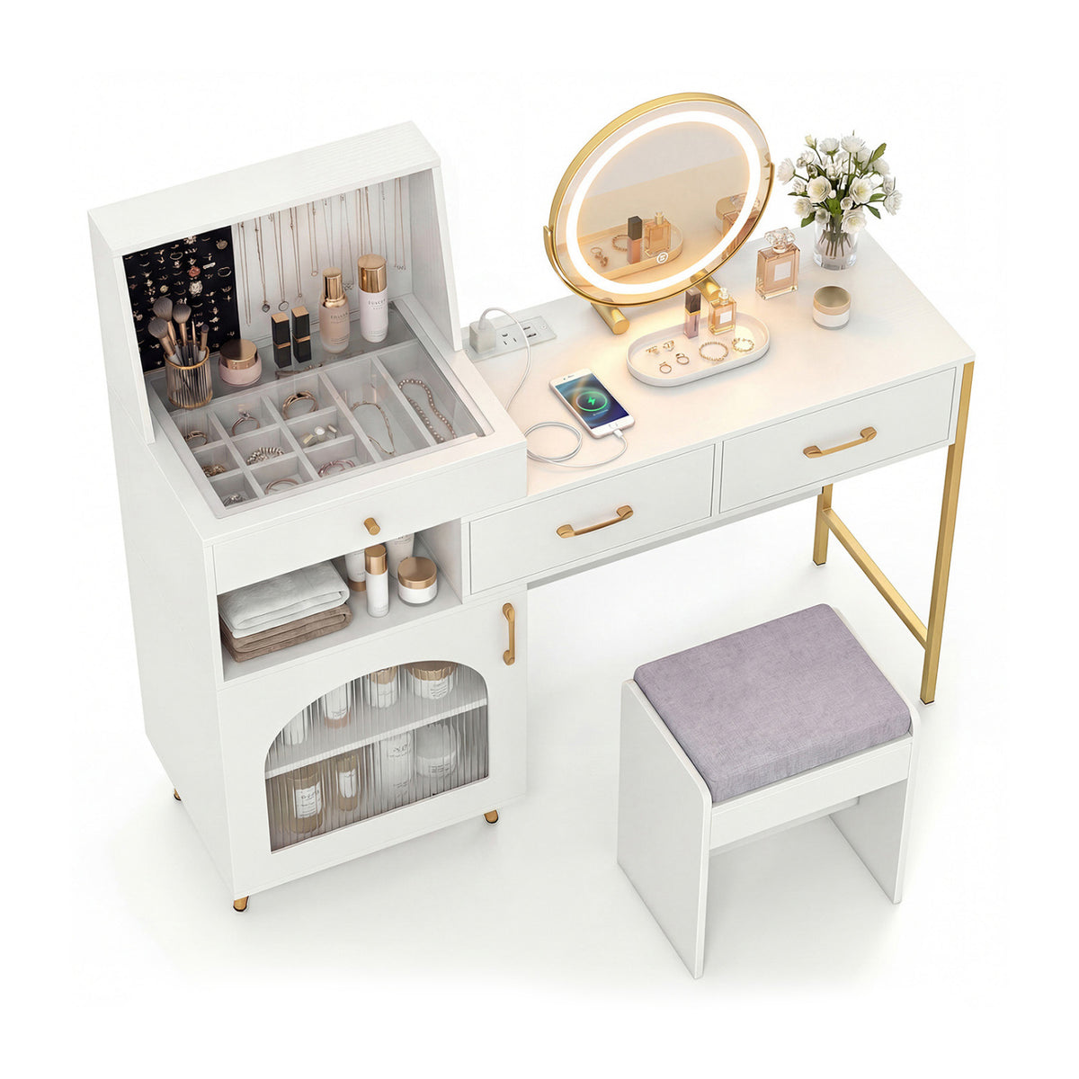 Vanity Desk with Mirror & Lights with Ring Slots & Necklace Hooks for Makeup-White
