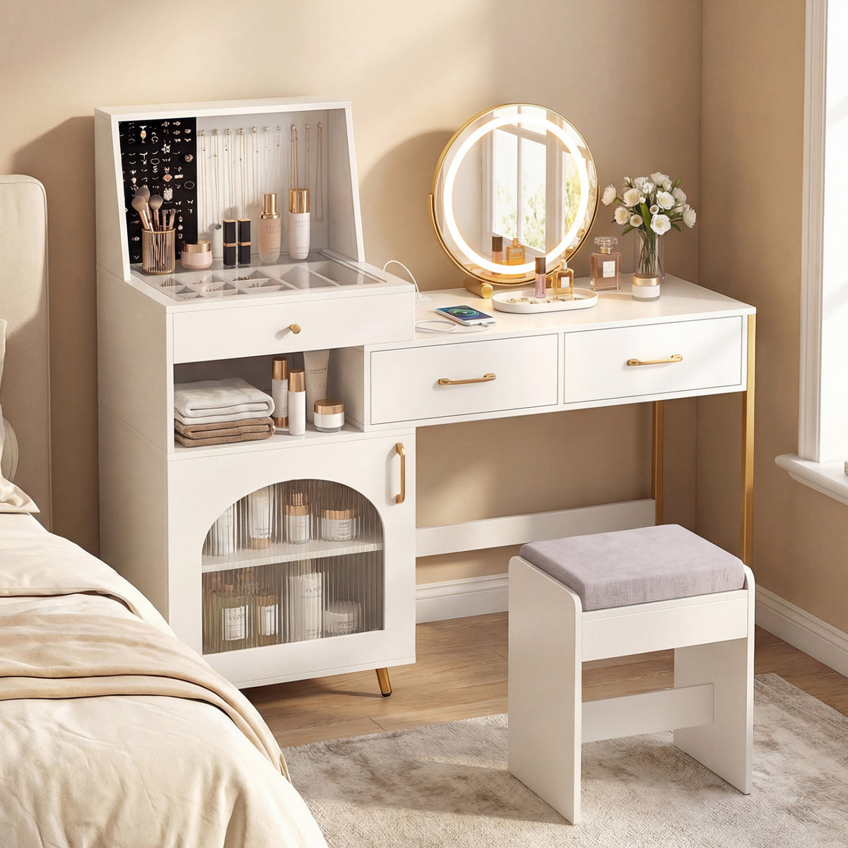 Vanity Desk with Mirror & Lights with Ring Slots & Necklace Hooks for Makeup-White