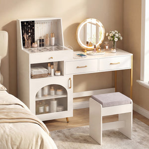 Vanity Desk with Mirror & Lights with Ring Slots & Necklace Hooks for Makeup-White
