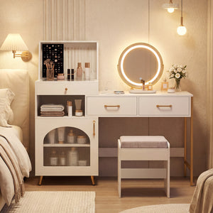Vanity Desk with Mirror & Lights with Ring Slots & Necklace Hooks for Makeup-White