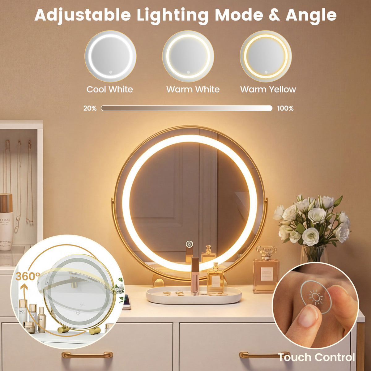 Vanity Desk with Mirror & Lights with Ring Slots & Necklace Hooks for Makeup-White
