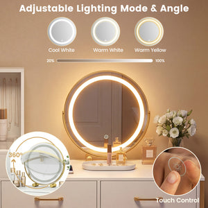 Vanity Desk with Mirror & Lights with Ring Slots & Necklace Hooks for Makeup-White