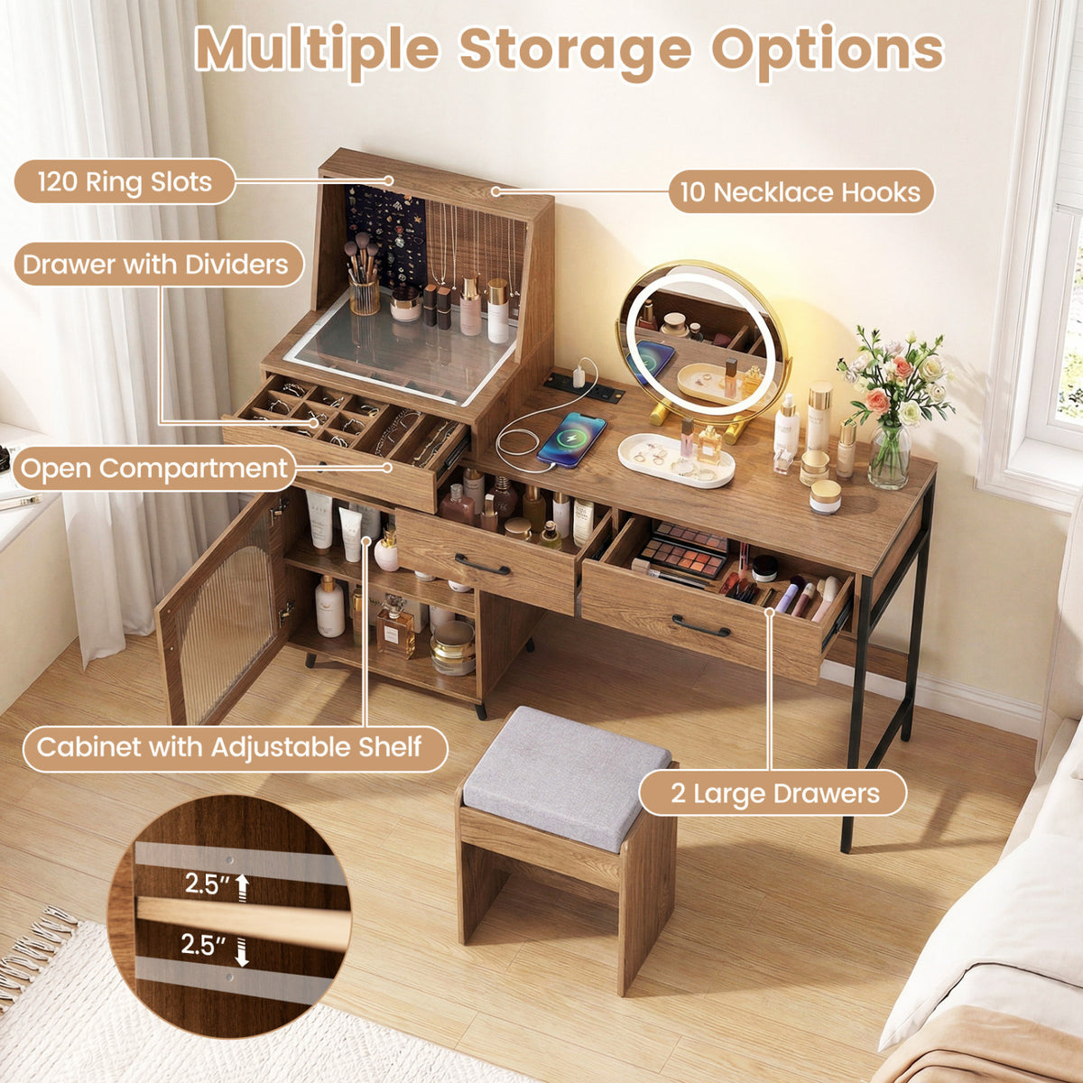 Vanity Desk with Mirror & Lights with Ring Slots & Necklace Hooks for Makeup-Natural & White