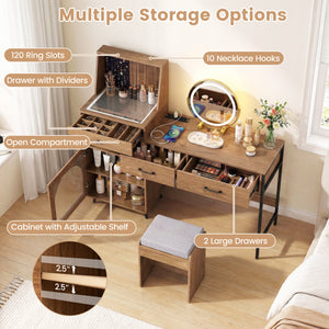 Vanity Desk with Mirror & Lights with Ring Slots & Necklace Hooks for Makeup-Natural & White