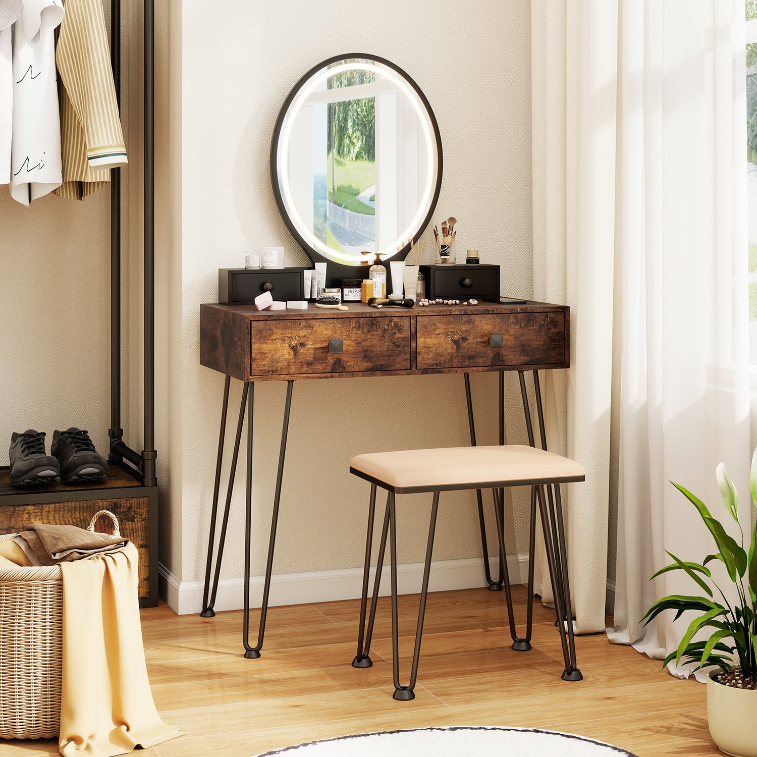 Vanity Table Set with 3-Color Lighted Dimmable Mirror-Brown