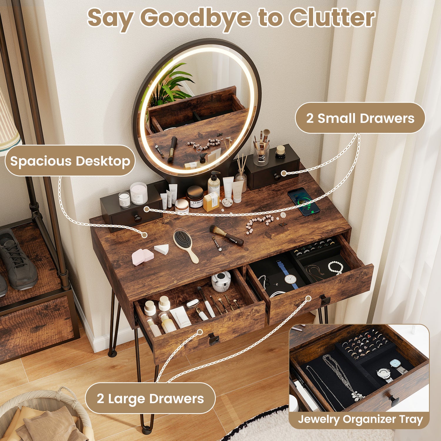 Vanity Table Set with 3-Color Lighted Dimmable Mirror-Brown