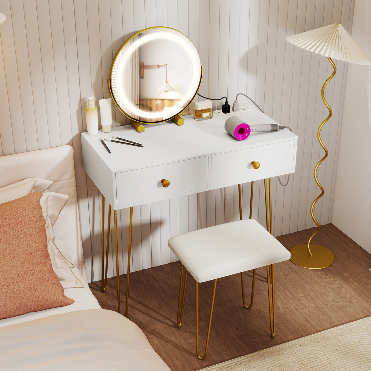 Vanity Desk with with Lighted Adjustable Mirror for Bedroom-White