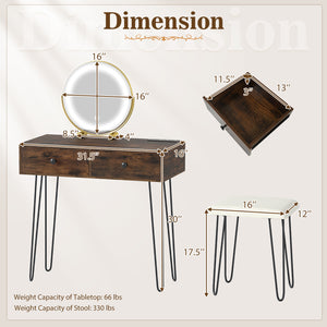 Vanity Desk with with Lighted Adjustable Mirror for Bedroom-Rustic Brown