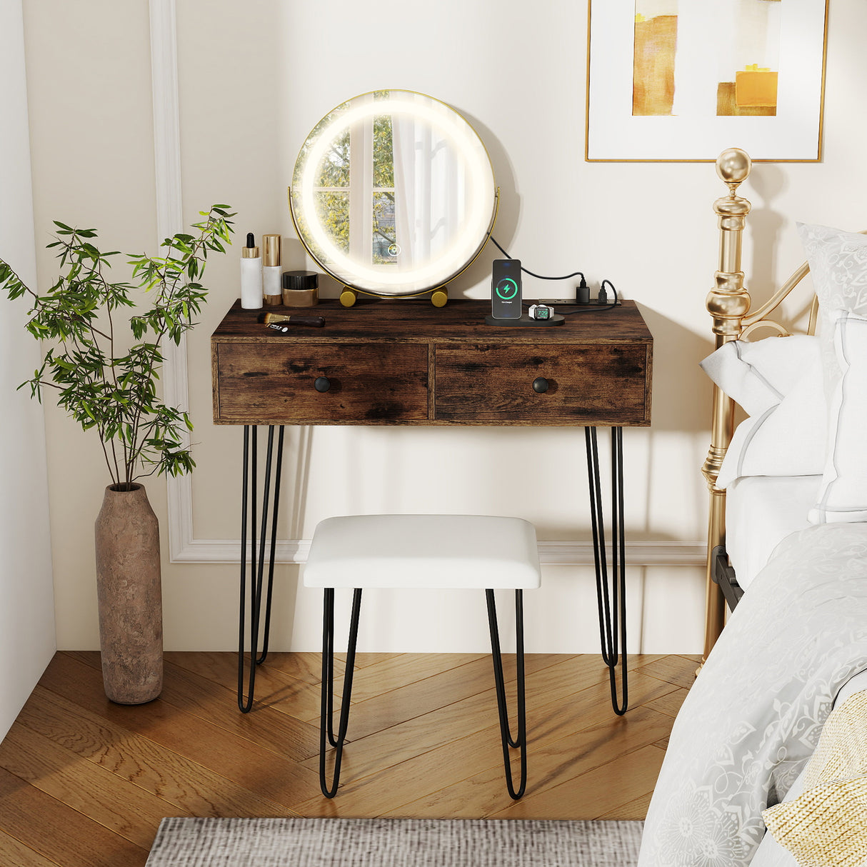 Vanity Desk with with Lighted Adjustable Mirror for Bedroom-Rustic Brown