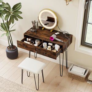 Vanity Desk with with Lighted Adjustable Mirror for Bedroom-Rustic Brown