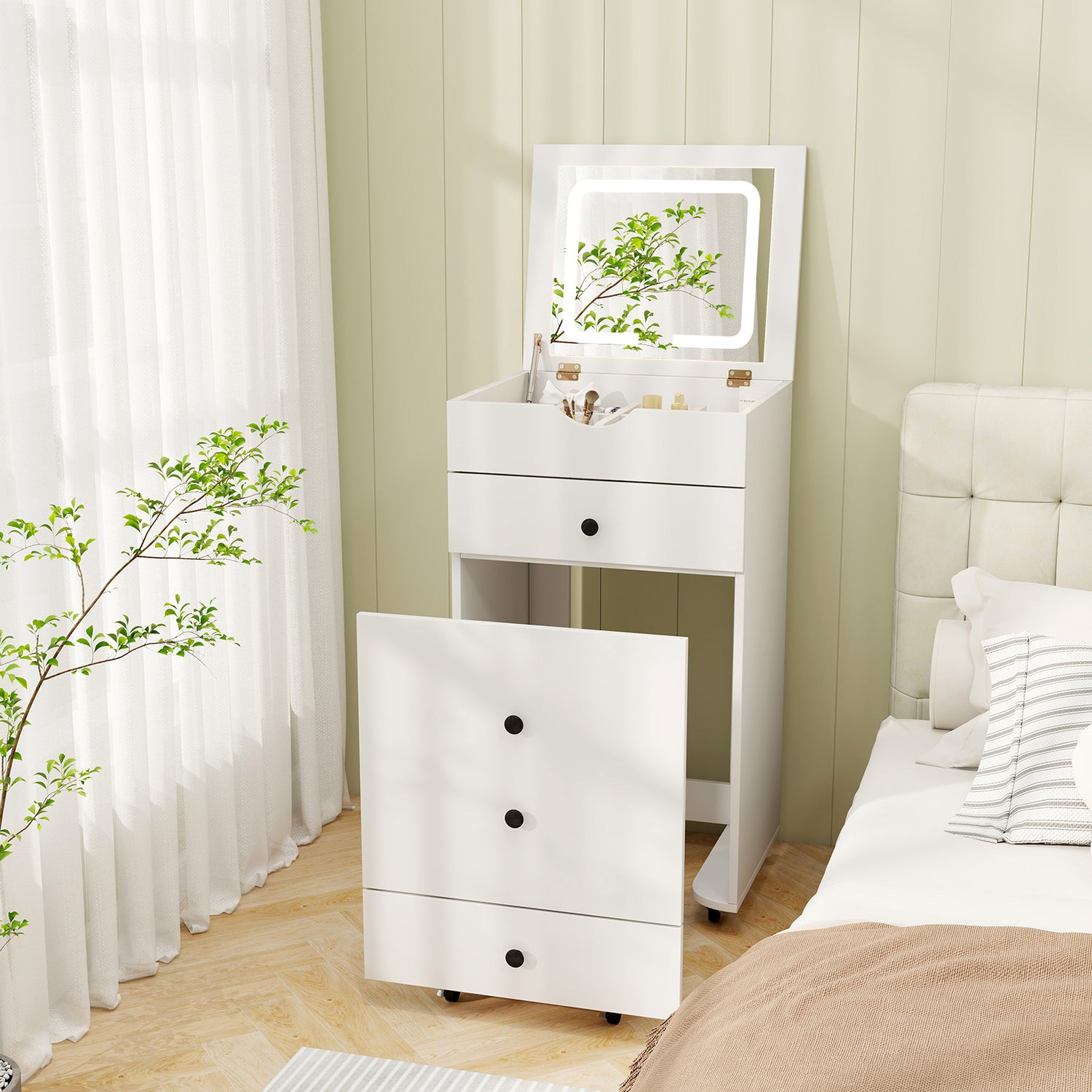 3-in-1 Vanity Set with Cushioned Stool and Flip-up Mirror-White