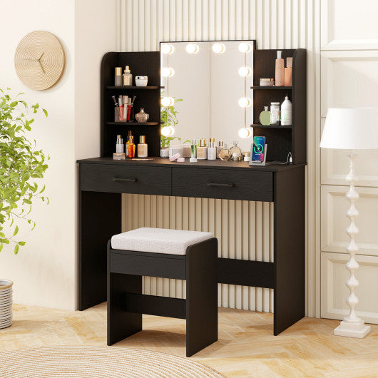 Vanity Set with Lighted Mirror and Stool with Power Outlet-Black