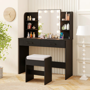 Vanity Set with Lighted Mirror and Stool with Power Outlet-Black