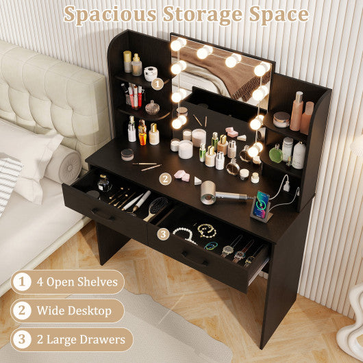 Vanity Set with Lighted Mirror and Stool with Power Outlet-Black