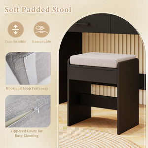 Vanity Set with Lighted Mirror and Stool with Power Outlet-Black