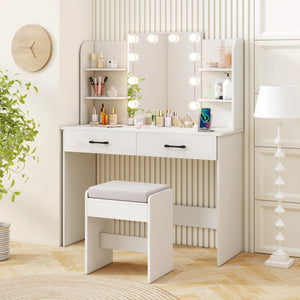 Vanity Set with Lighted Mirror and Stool with Power Outlet-White
