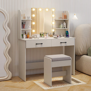 Vanity Set with Lighted Mirror and Stool with Power Outlet-White