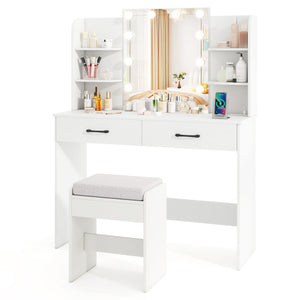 Vanity Set with Lighted Mirror and Stool with Power Outlet-White