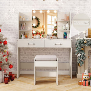 Vanity Set with Lighted Mirror and Stool with Power Outlet-White