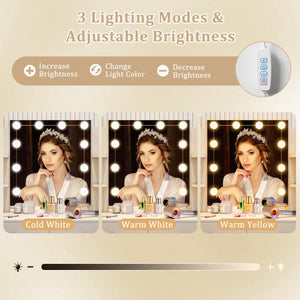 Vanity Set with Lighted Mirror and Stool with Power Outlet-White