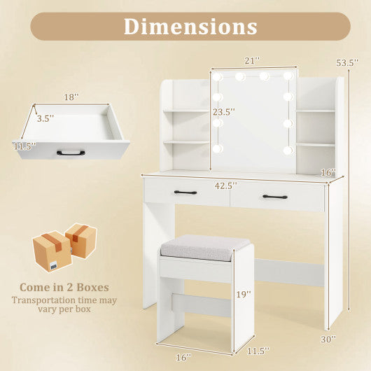 Vanity Set with Lighted Mirror and Stool with Power Outlet-White