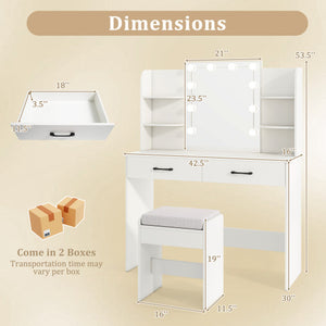 Vanity Set with Lighted Mirror and Stool with Power Outlet-White