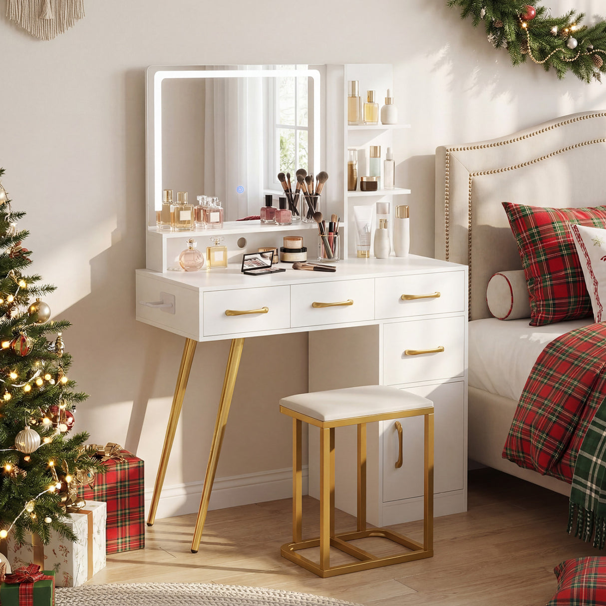 Vanity Set with Mirror and Lights and Table with Adjustable Brightness-White
