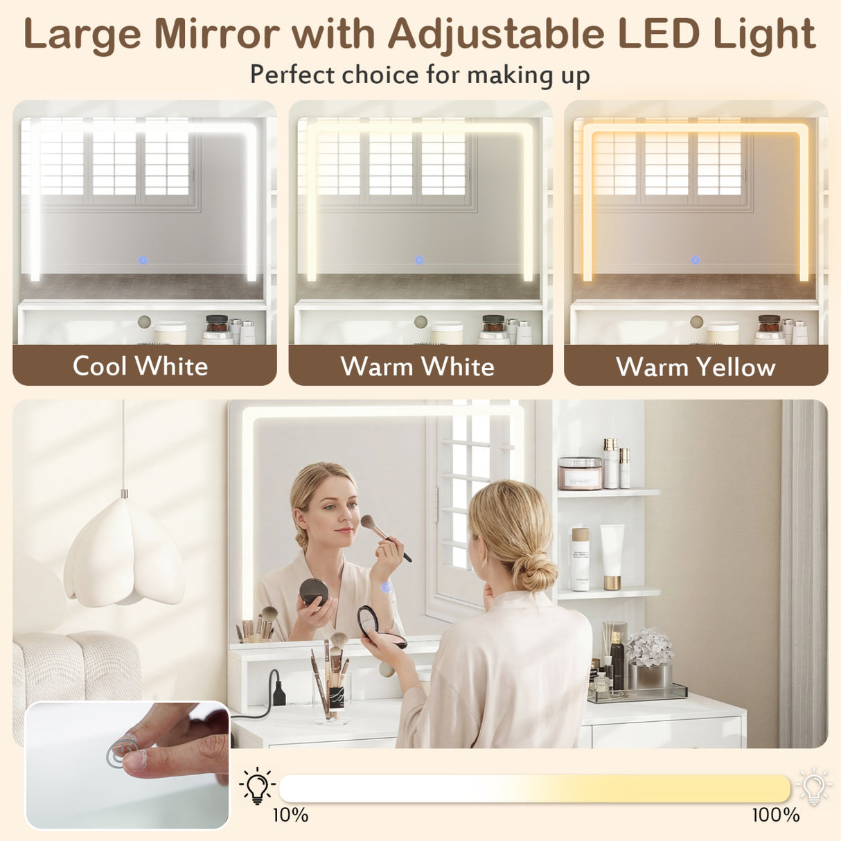 Vanity Set with Mirror and Lights and Table with Adjustable Brightness-White