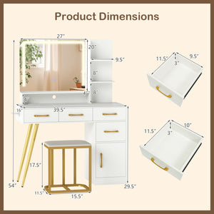Vanity Set with Mirror and Lights and Table with Adjustable Brightness-White