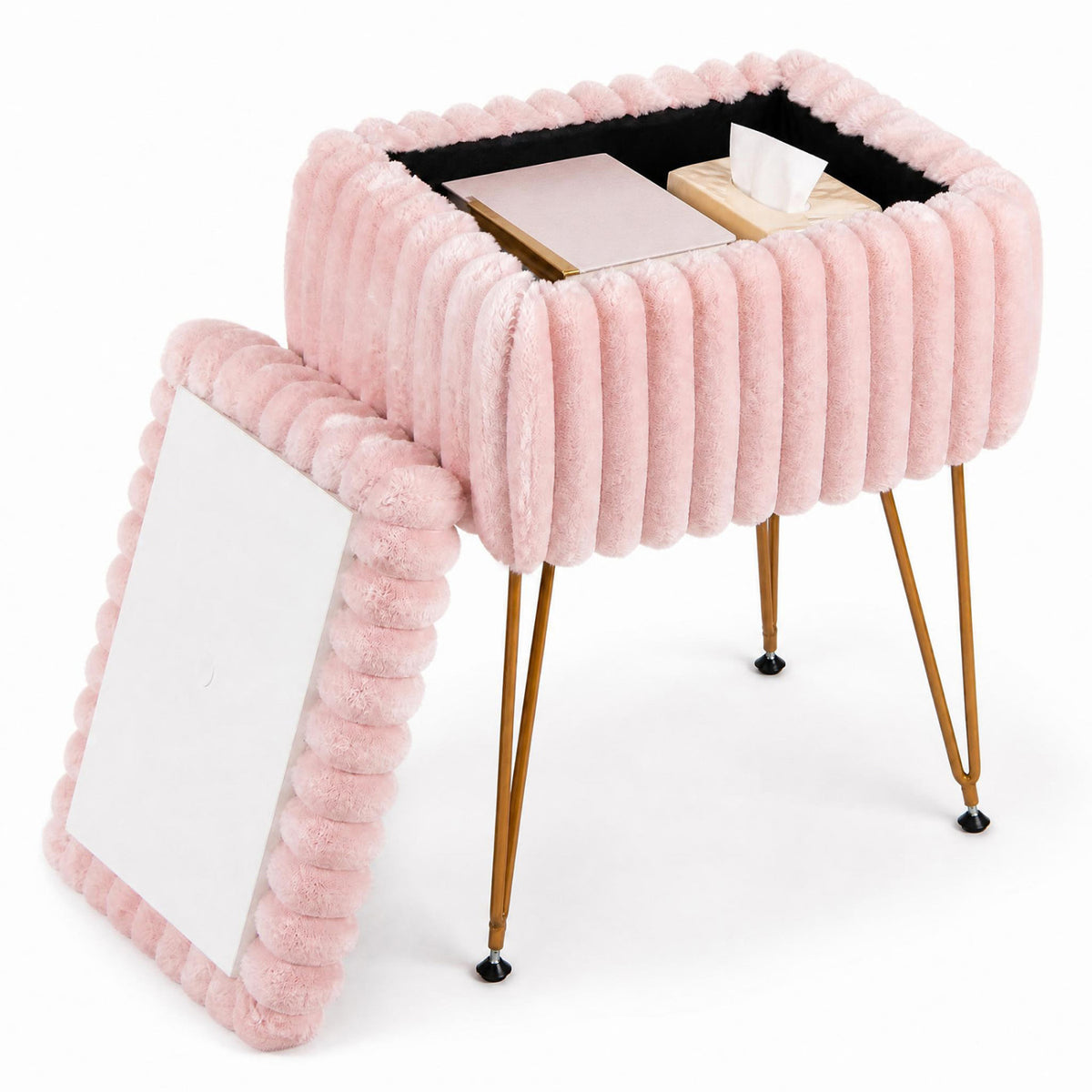 Vanity Stool with Storage and Reversible Lid Faux Fur Upholstered Ottoman-Pink