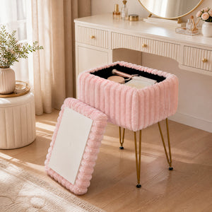 Vanity Stool with Storage and Reversible Lid Faux Fur Upholstered Ottoman-Pink