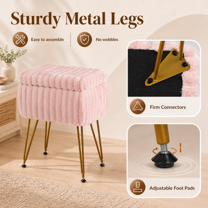 Vanity Stool with Storage and Reversible Lid Faux Fur Upholstered Ottoman-Pink