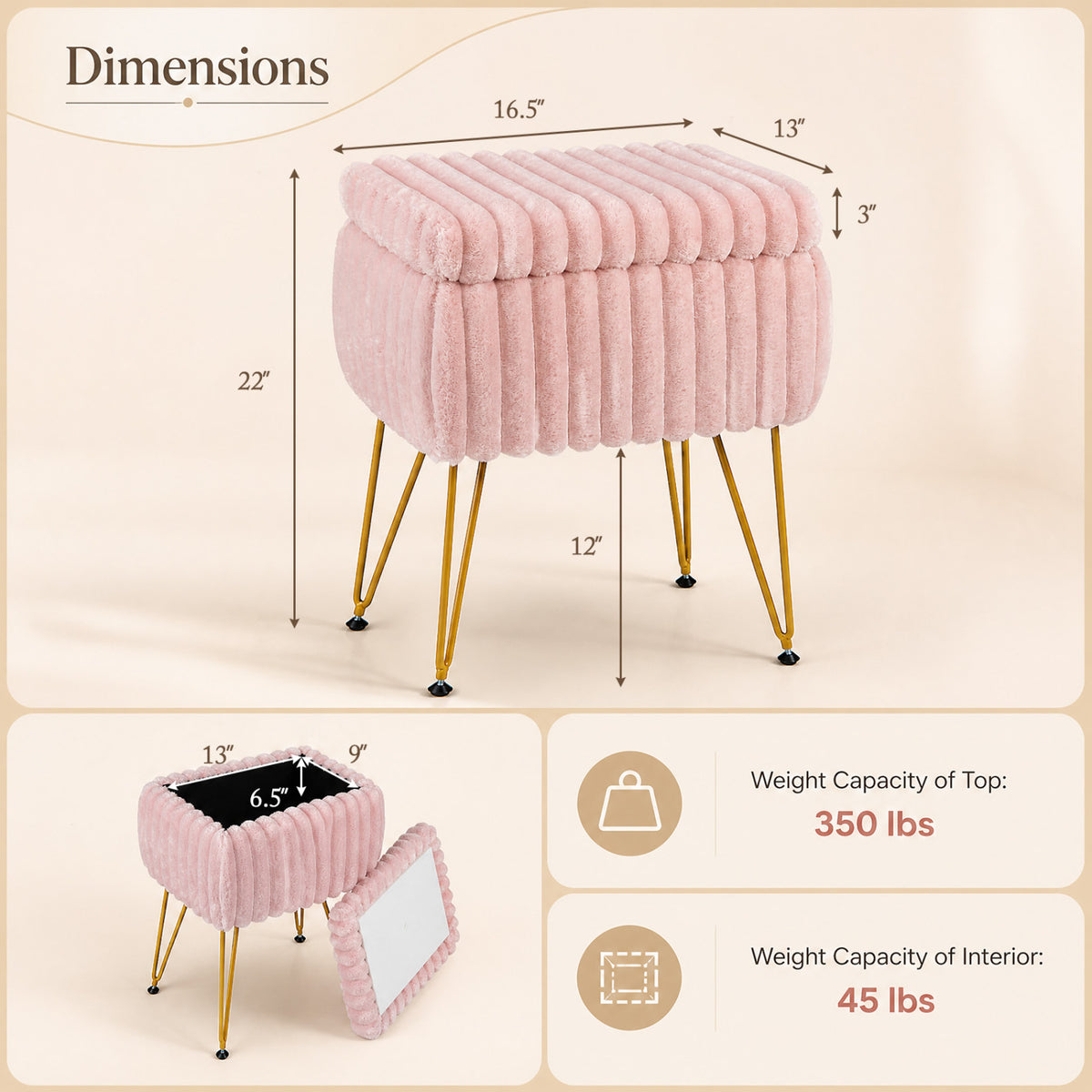 Vanity Stool with Storage and Reversible Lid Faux Fur Upholstered Ottoman-Pink