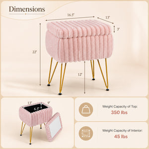 Vanity Stool with Storage and Reversible Lid Faux Fur Upholstered Ottoman-Pink