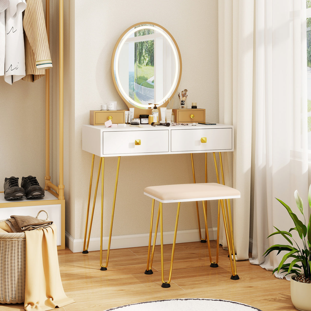 Vanity Table Set with 3-Color Lighted Dimmable Mirror-Brown