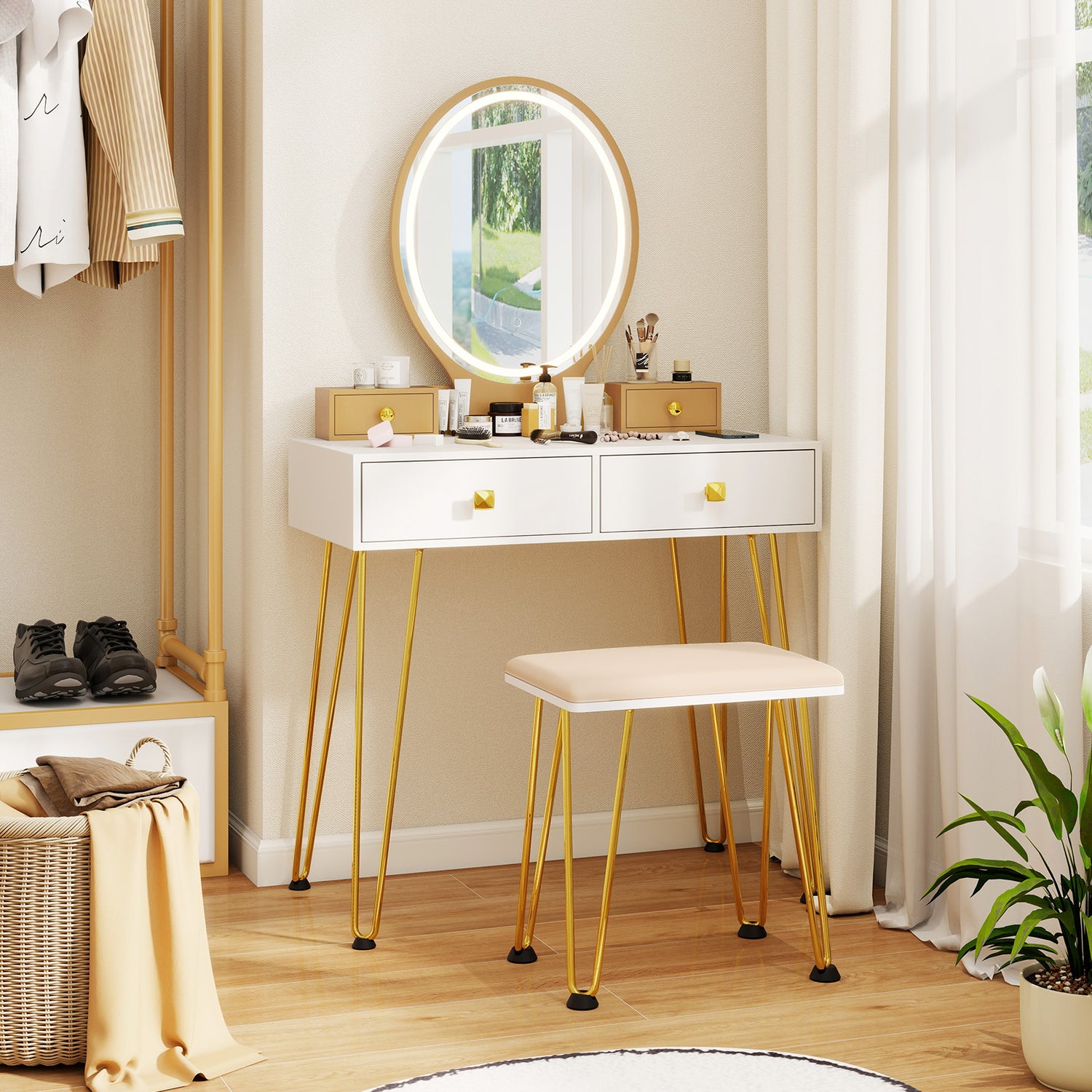 Vanity Table Set with 3-Color Lighted Dimmable Mirror-Brown
