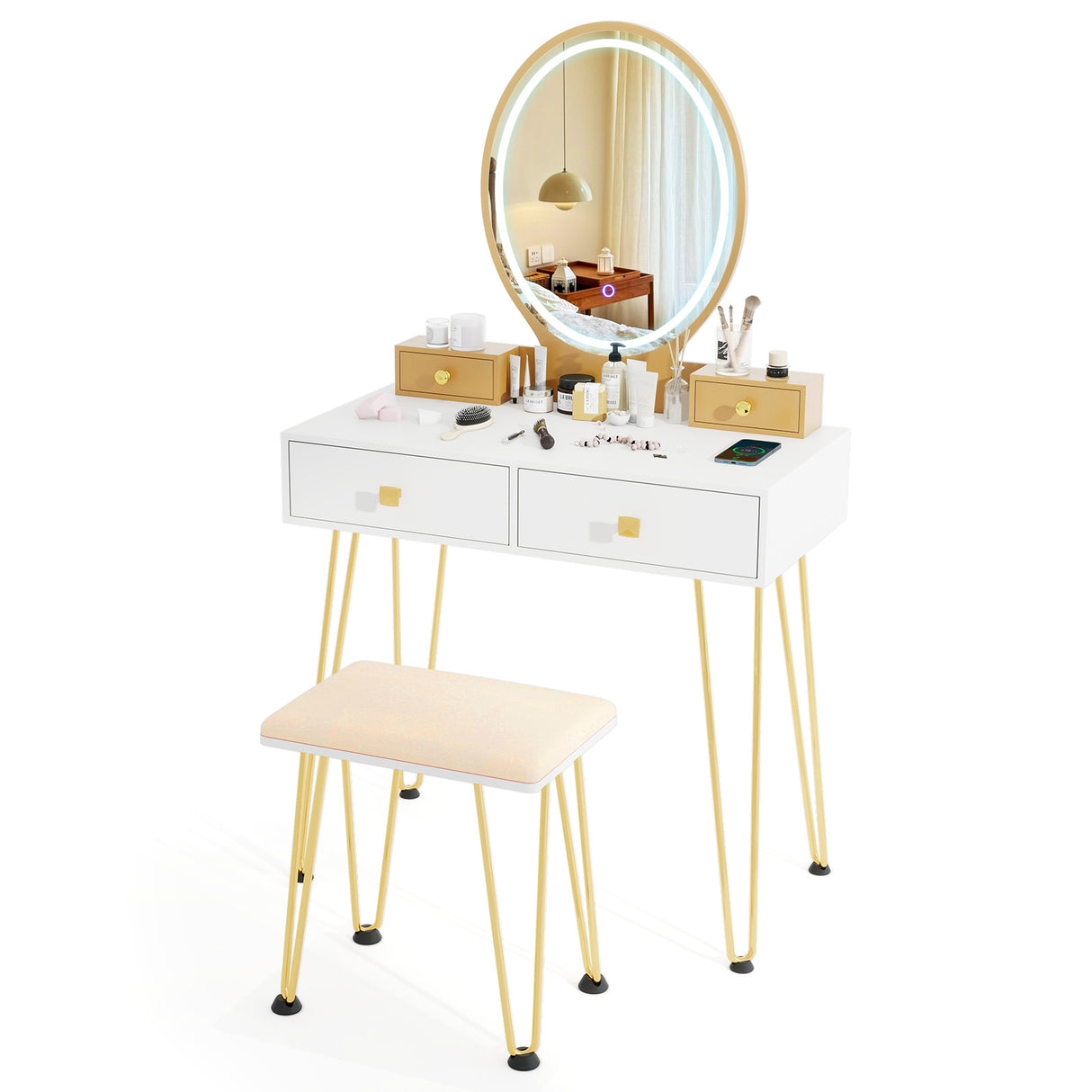 Vanity Table Set with 3-Color Lighted Dimmable Mirror-Brown