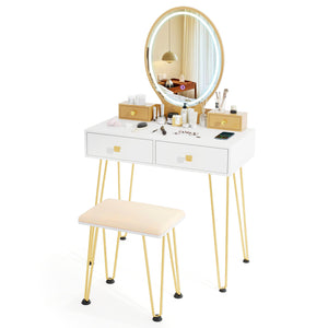 Vanity Table Set with 3-Color Lighted Dimmable Mirror-Brown