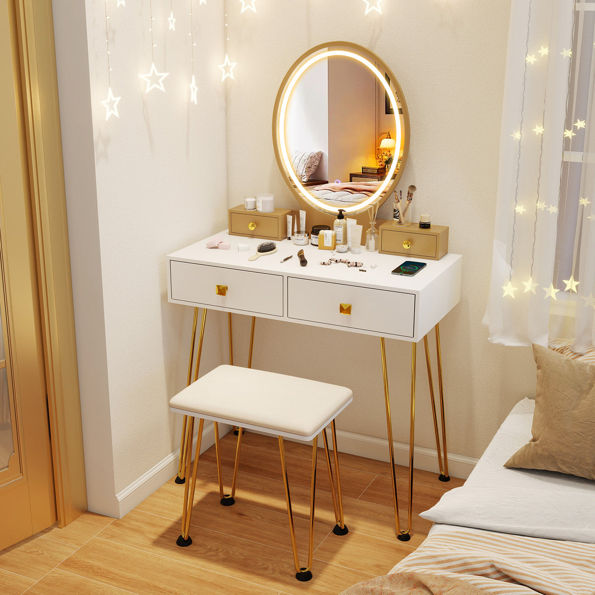 Vanity Table Set with 3-Color Lighted Dimmable Mirror-Brown