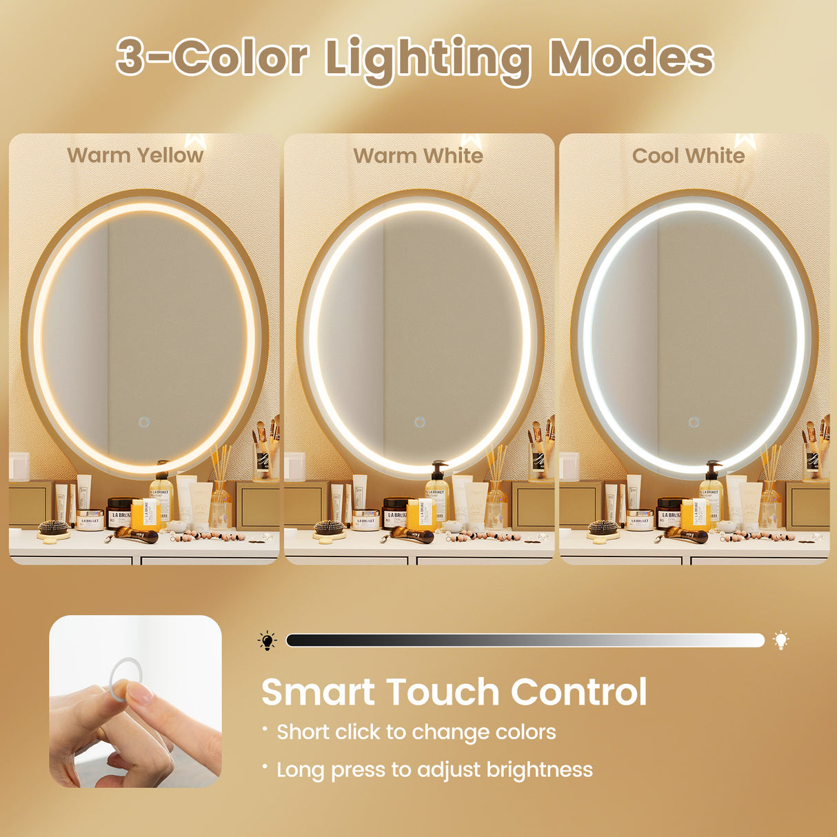 Vanity Table Set with 3-Color Lighted Dimmable Mirror-Brown