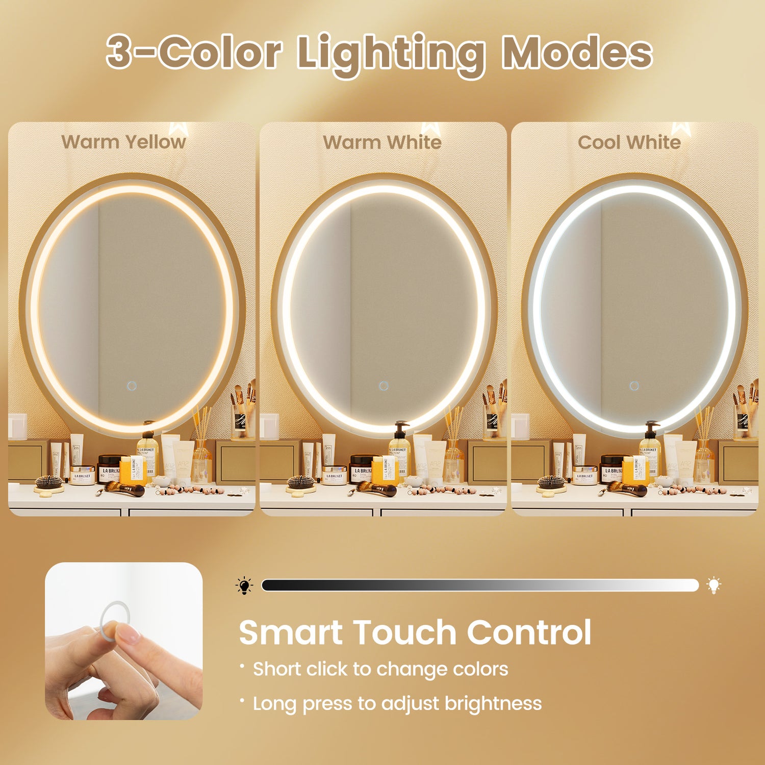 Vanity Table Set with 3-Color Lighted Dimmable Mirror-Brown