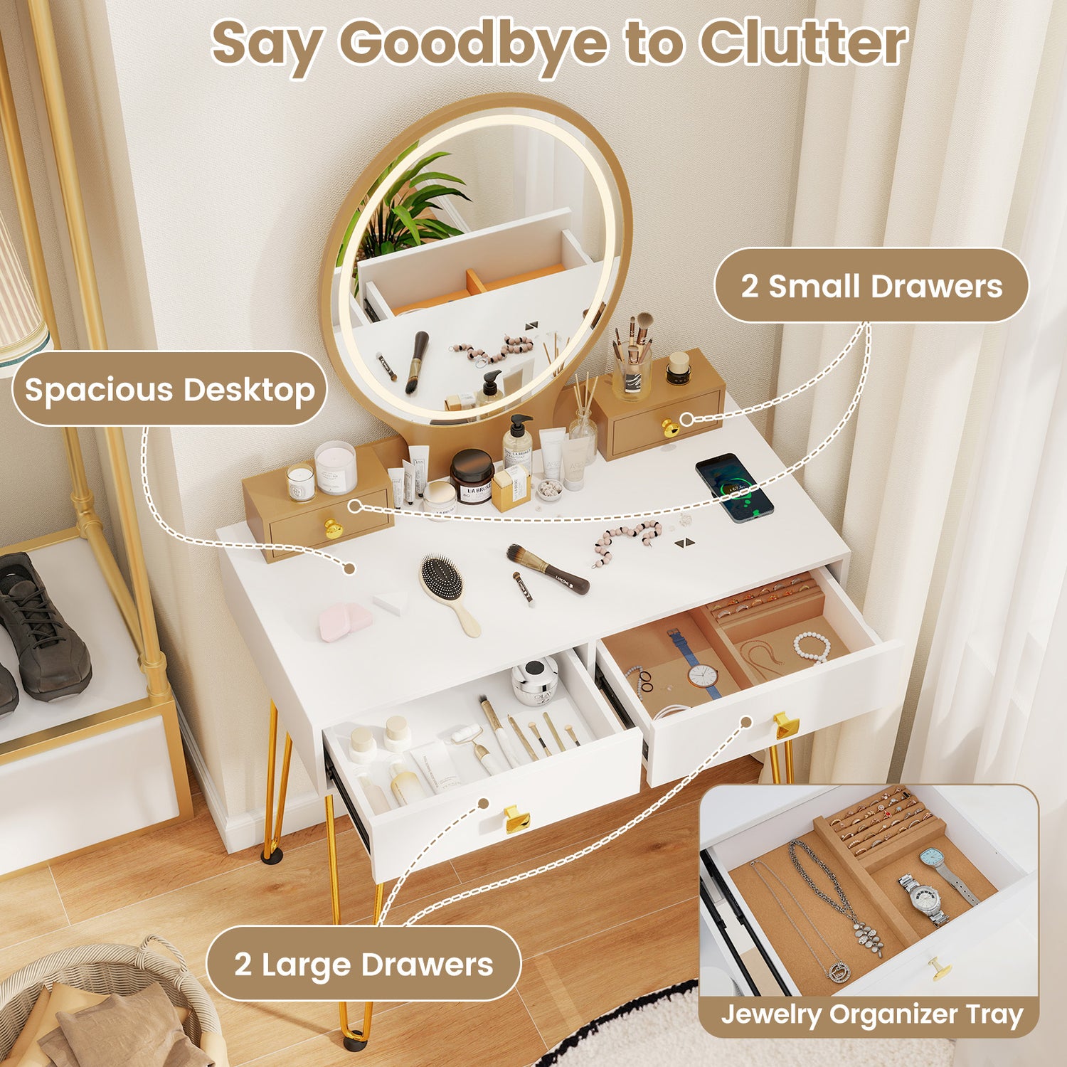 Vanity Table Set with 3-Color Lighted Dimmable Mirror-Brown