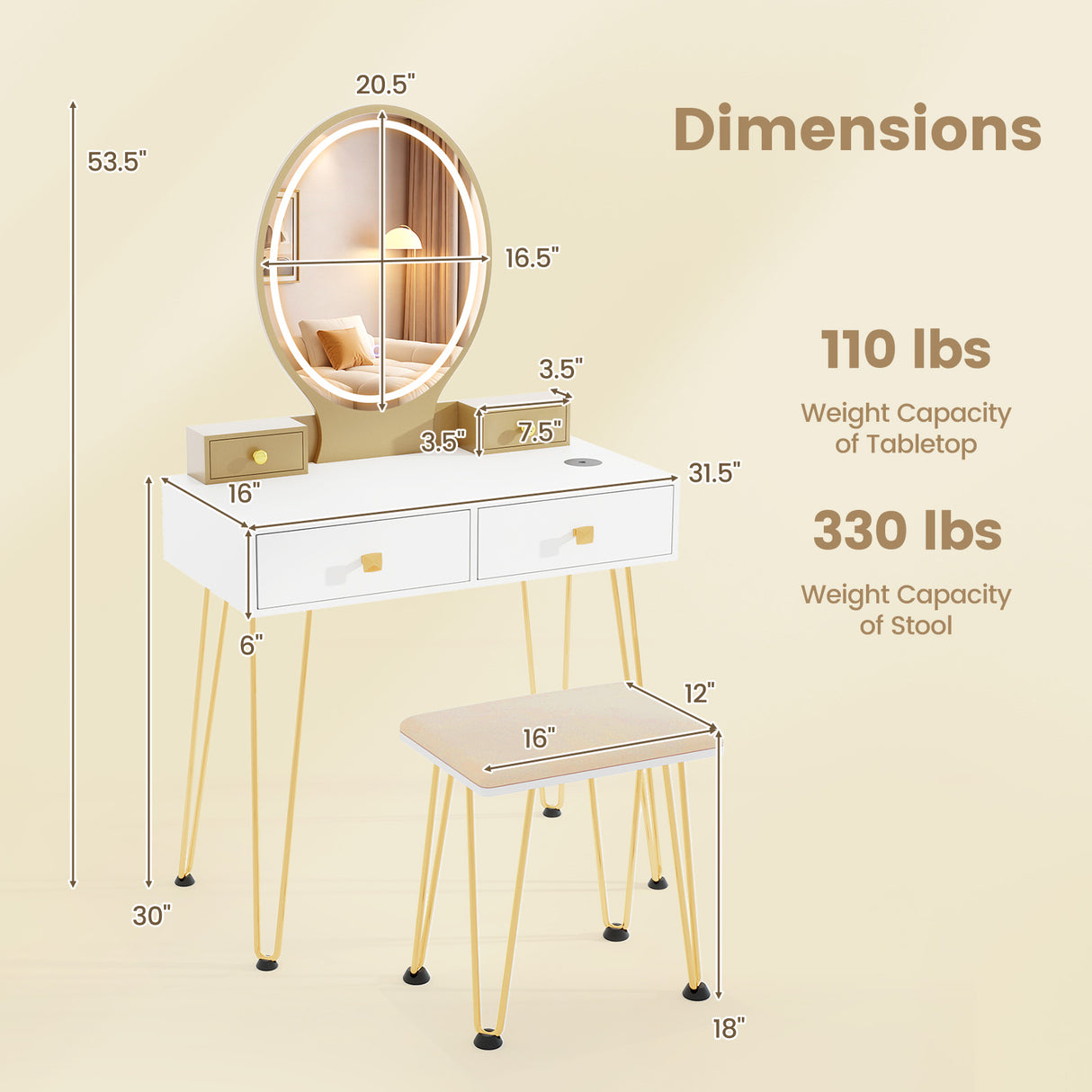 Vanity Table Set with 3-Color Lighted Dimmable Mirror-Brown
