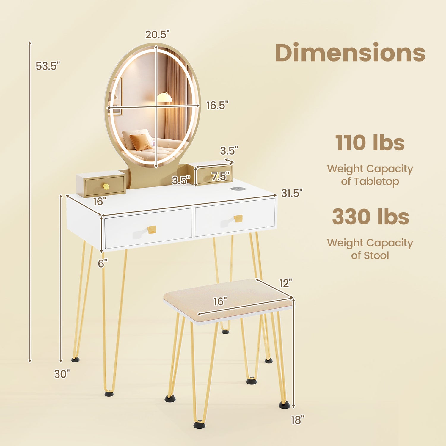 Vanity Table Set with 3-Color Lighted Dimmable Mirror-White