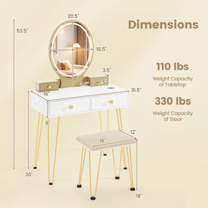 Vanity Table Set with 3-Color Lighted Dimmable Mirror-White