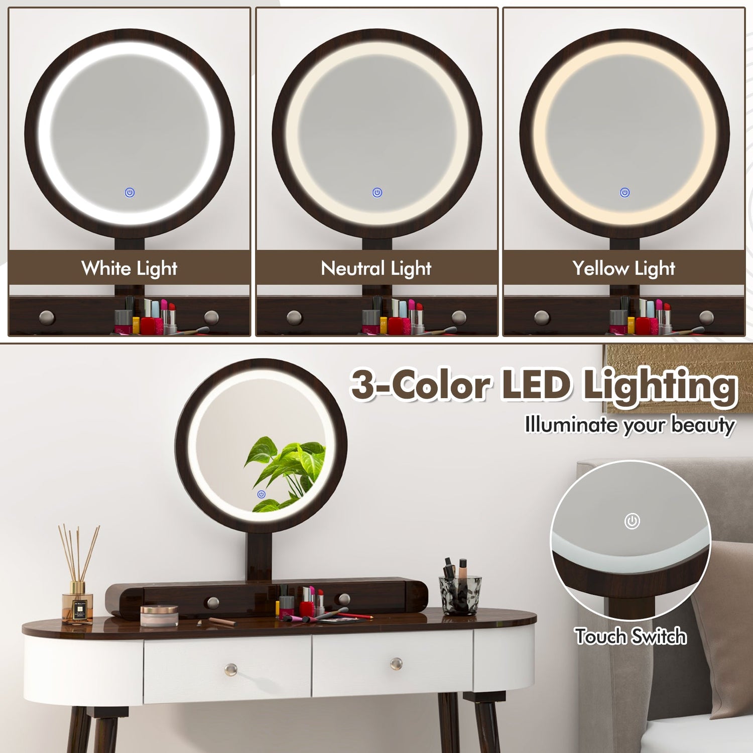 Makeup Vanity Table Set with LED Mirror and 3 Spacious Drawers-White-Brown