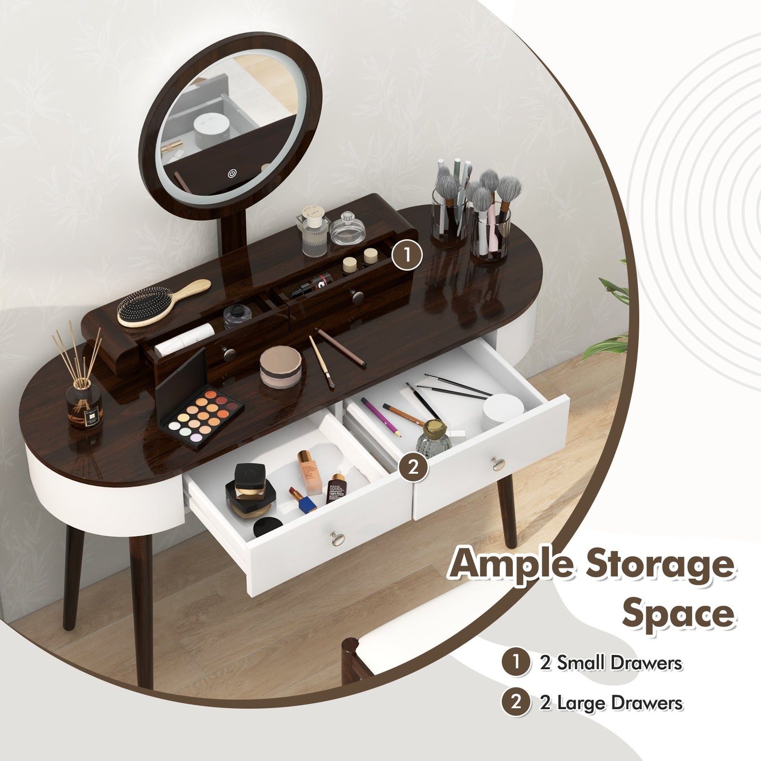 Makeup Vanity Table Set with LED Mirror and 3 Spacious Drawers-White-Brown