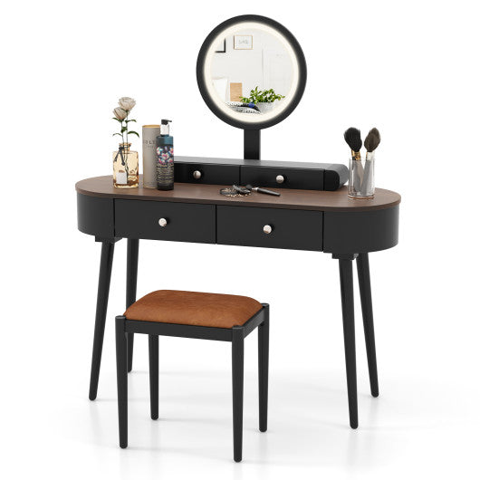 Makeup Vanity Table Set with LED Mirror and 3 Spacious Drawers-Black-Brown